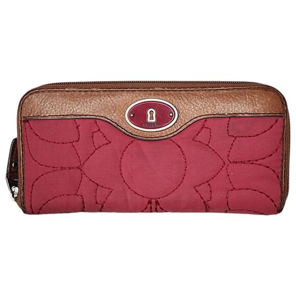 Fossil Key-Per Quilted Wallet Clutch Zip Around Leather Trim - Picture 1 of 8